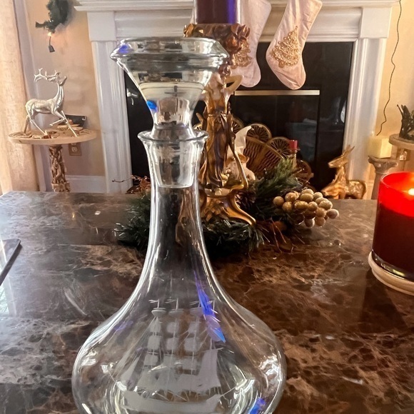 Other - Crystal Clear Glass with Etched Ships Decanter for Brandy or Wine